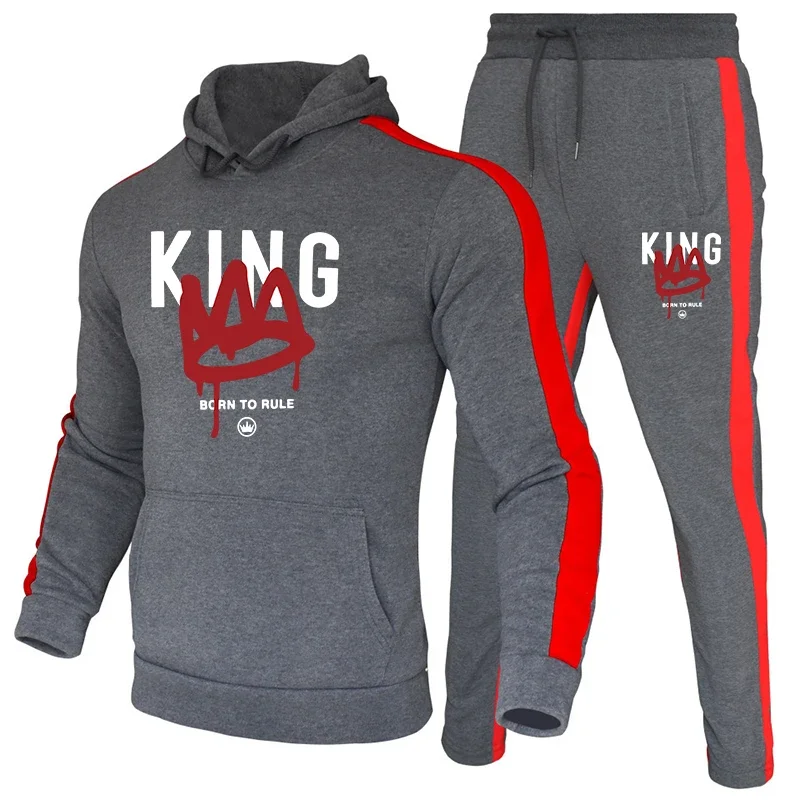 

King Mens Tracksuit Print Casual Hooded Sweatshirts 2 Pcs Set Fitness Sports Jogging Mens Clothing Autumn Winter Gym Sportswear