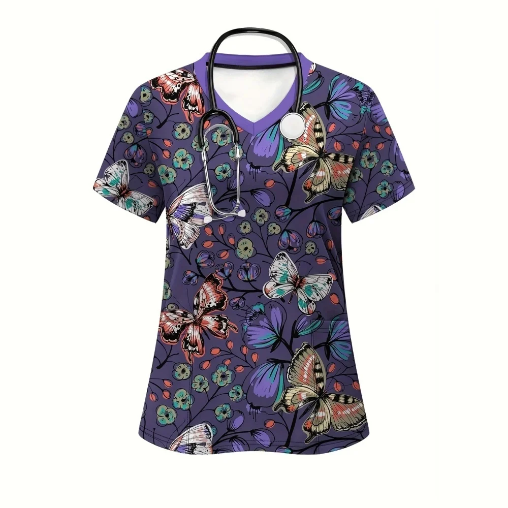 Women's Medical Uniforms Comforts V-Neck Floral Butterfly Print Scrub Tops Summer Short Sleeves Health Clinical Uniforms Woman