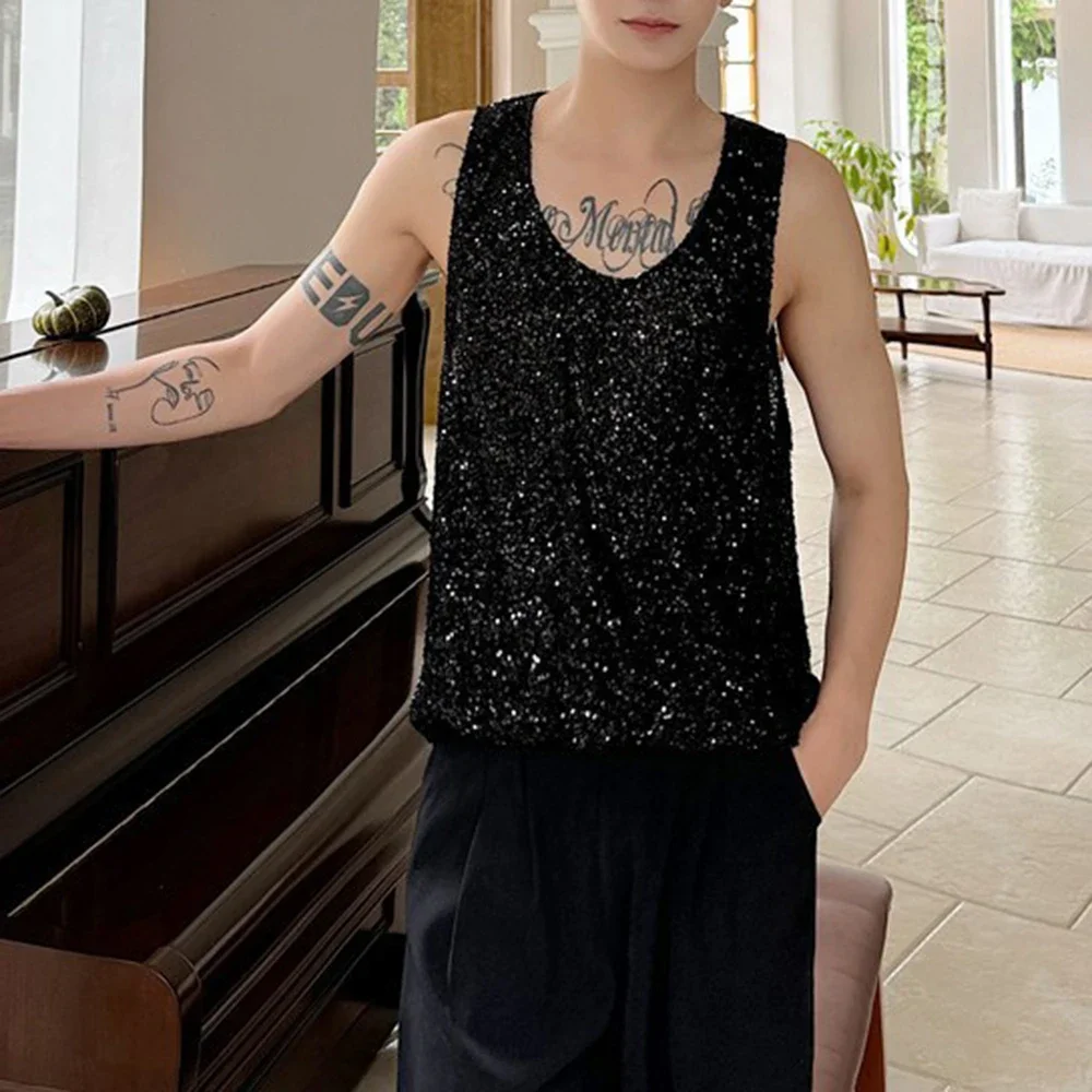 

Mens Vest Sequin Stage Performance Tank Top Streetwear Fashion Nightclub Youth Trend Casual Sleeveless Top Men'S Clothing 2025