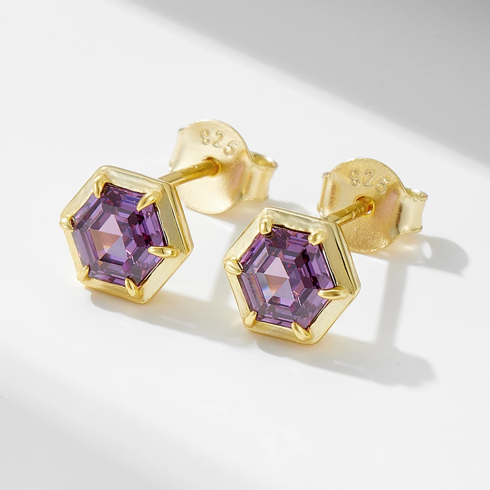 بسيطة الهندسة مسدس جمشت الزركون الفضة النقية أقراط للنساء الفاخرة Ins الراقية اللون الأحجار الكريمة وأقراط #3