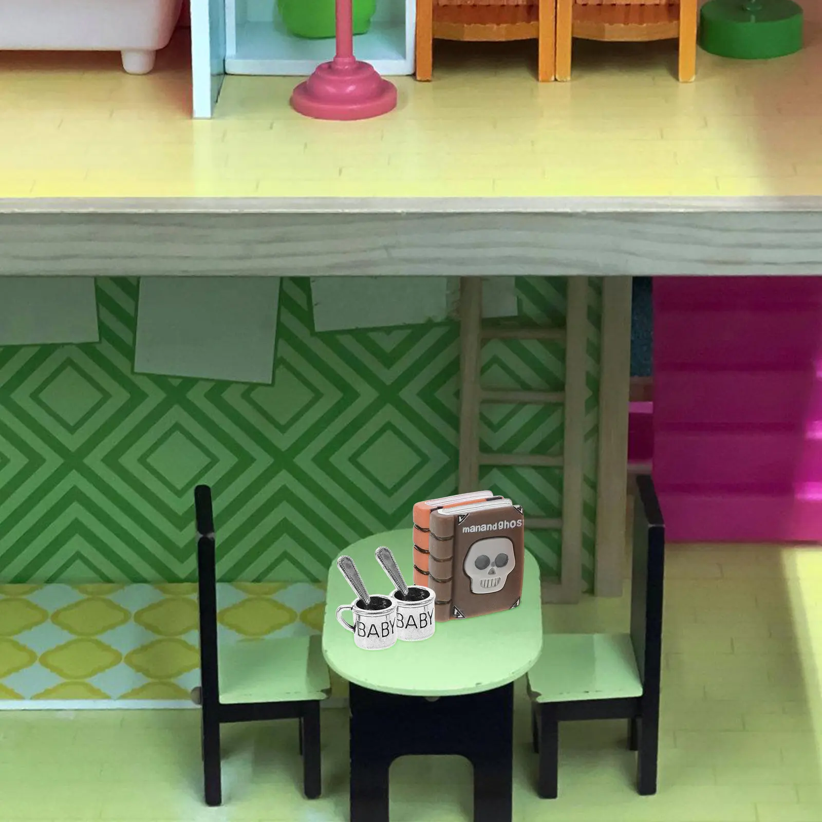 

2Sets Dollhouse Miniature Office Scene Set Coffee Cups Notebooks Mini Spoon Tiny Desk Decor for Halloween Dollhouse Accessories