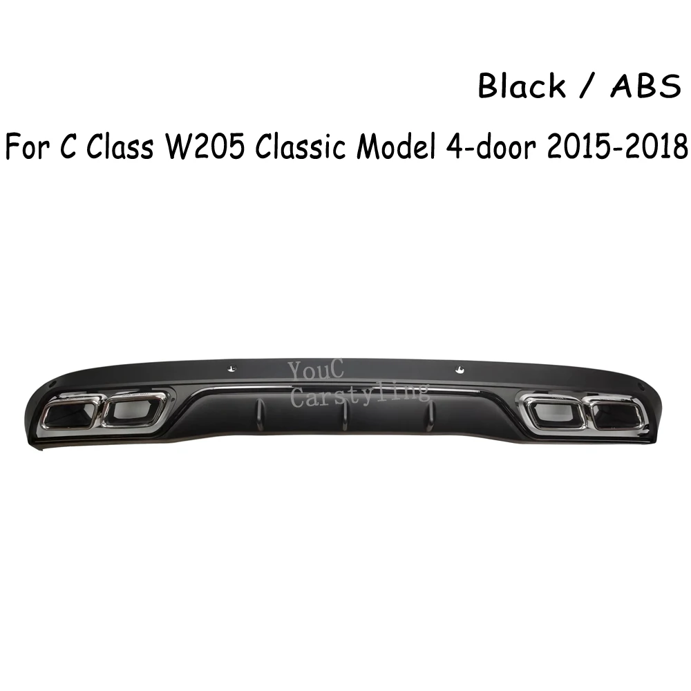 W205 AMG Style Rear Diffuser with 304 Stainless Steel 4-outlet Exhaust Tips For Mercedes C Class W205  C300 C350 2015-2018