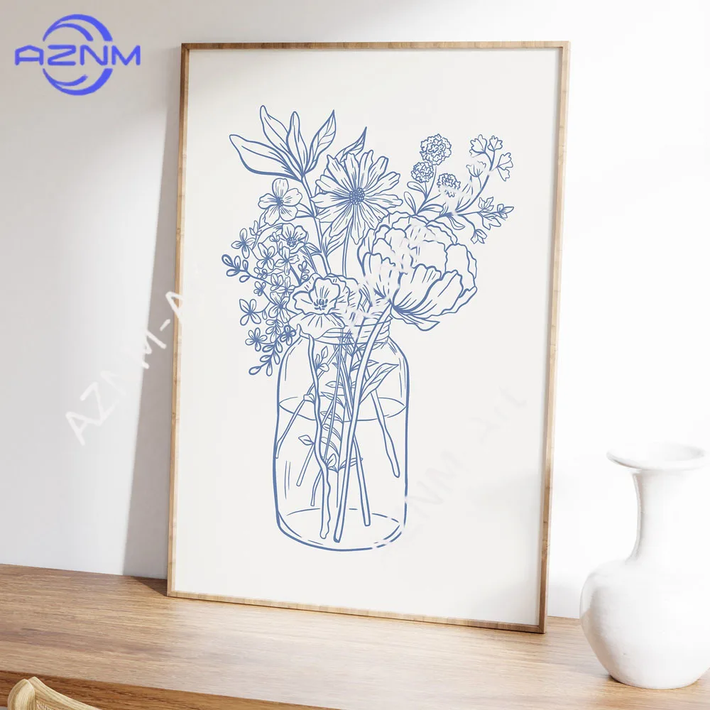 Póster de estética minimalista con flores azules en jarrón, pintura en lienzo, arte lineal, bodega de plantas, dibujo para el hogar, cocina, bar, habitación