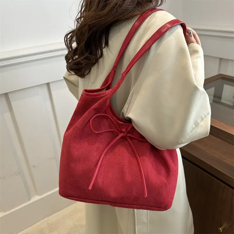 

Vintage Fashion Bow Design Shoulder Bags for Women Commuter Ladies Faux Suede Underarm Tote Bag Large Capacity Female Handbags