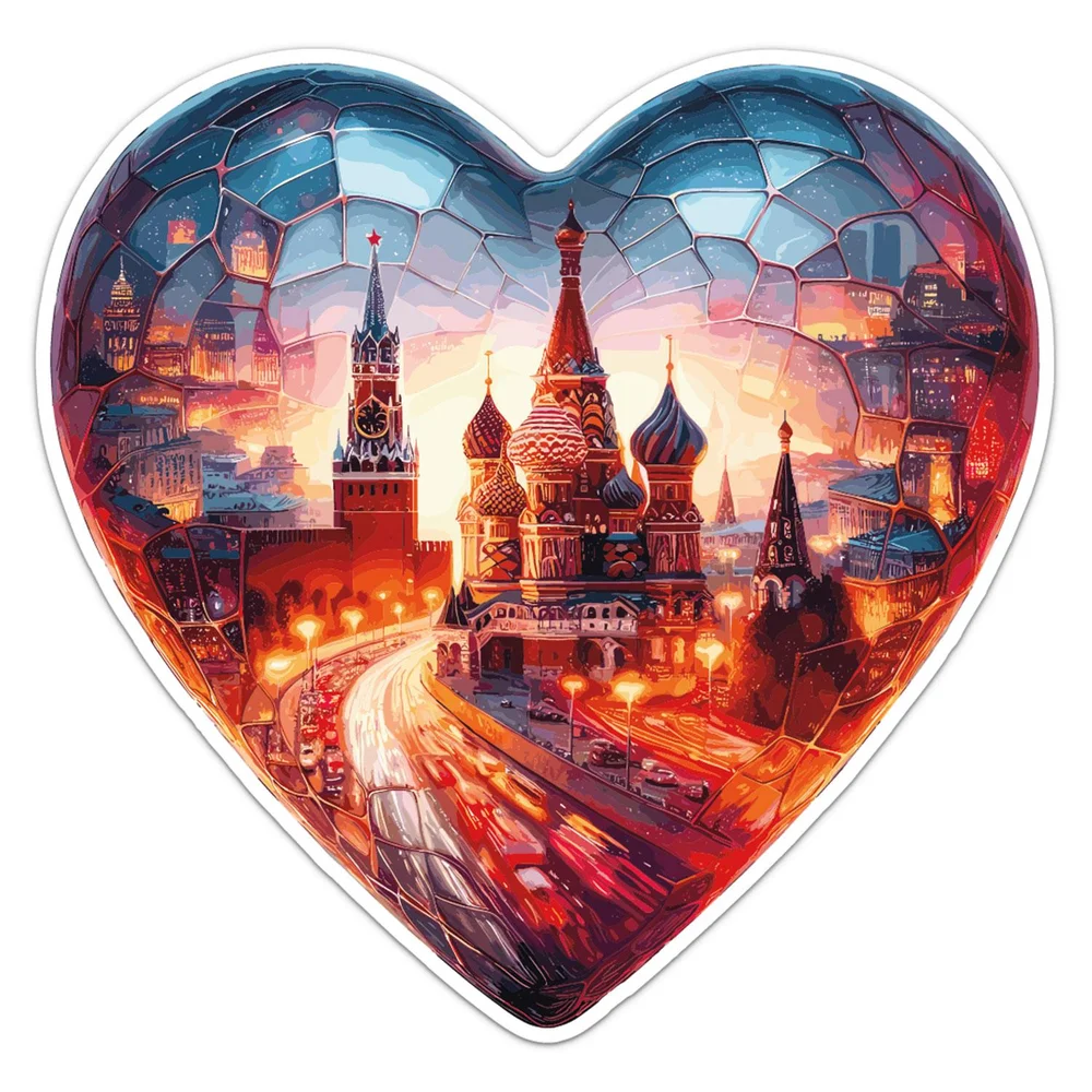 Moscow Russia Heart St Basil's Cathedral and Kremlin Spasskaya Tower Vinyl Car Sticker Decorative Decal for Rear Window
