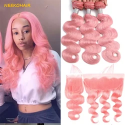 Mèches Body Wave brésiliennes Remy 100% naturelles, couleur rose clair, 13x4, tissage avec closure 4tage