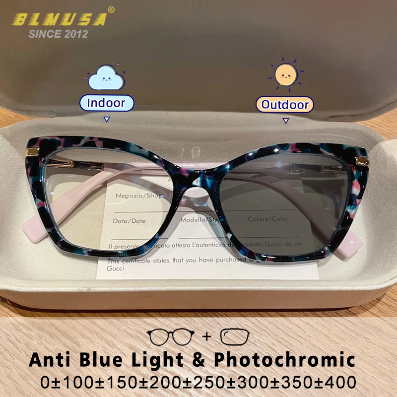 

BLMUSA Women Fashion Anti-Blue Light Photochromic Reading Glasses Simple Cat Eye Glasses Prescription Myopia Hyperopia Eyeware