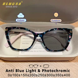 BLMUSA Women Fashion Anti-Blue Light Photochromic Reading Glasses Simple Cat Eye Glasses Prescription Myopia Hyperopia Eyeware