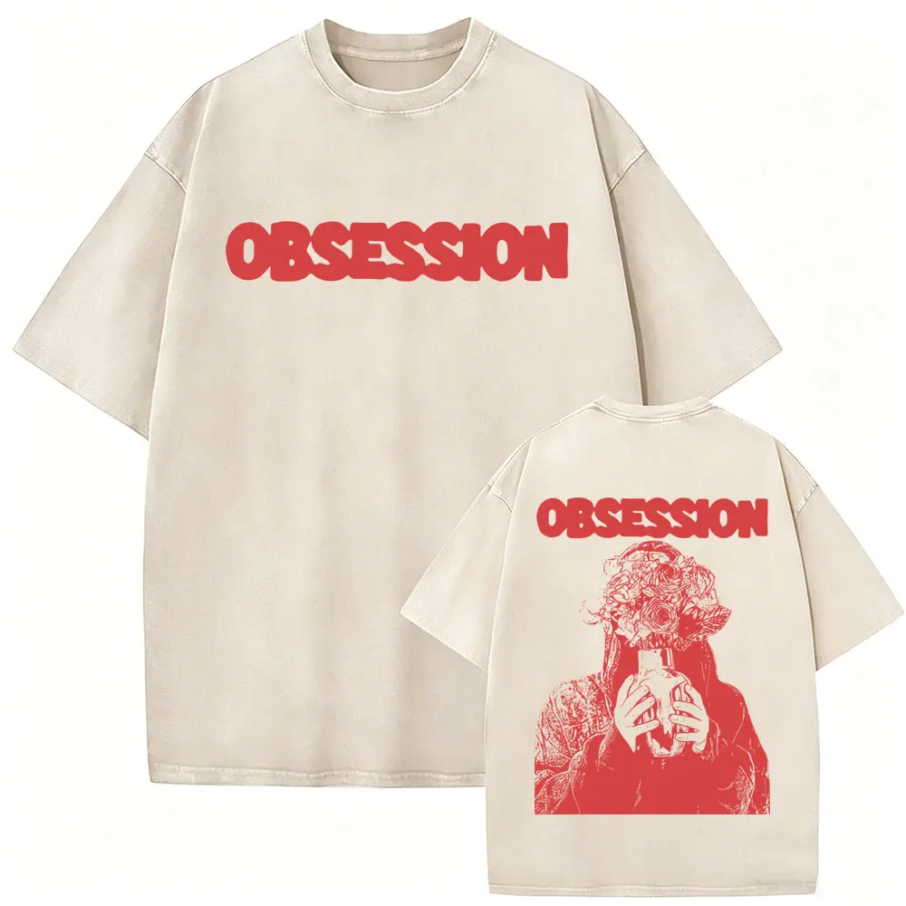 Gewaschenes Vintage Horrorfilm-Obsession-Print T-Shirt für Herren und Damen, Lässiges Oversize-Baumwoll-T-Shirt, Herrenmode Gothic Rock T-Shirts – Detail 4