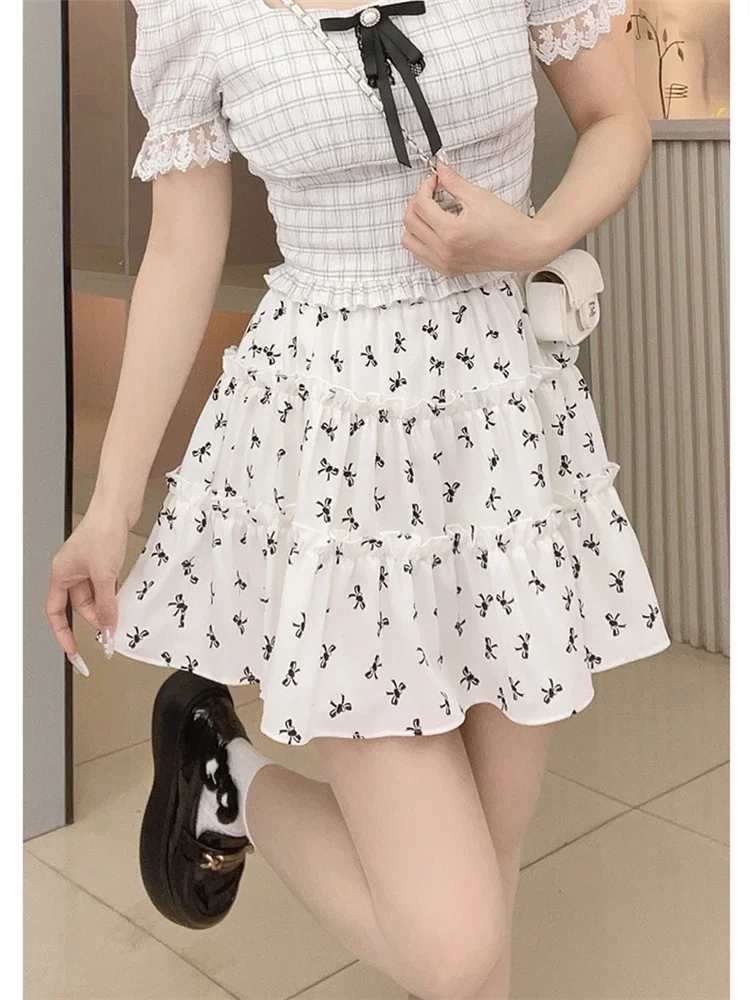 

High Quality Beige A-Line Skirt Office Lady Kawaii Bow Printed Vintage Cozy Pleated Skirt Lace Party Prom Korean Preppy Style