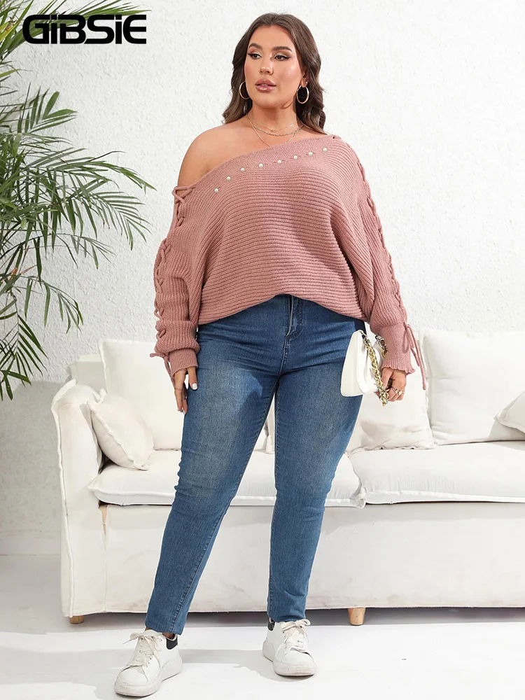 GIBSIE Plus Size Women Sweater Autumn Winter Diagonal Collar Beading Lace Up Batwing Sleeve Pink Black Knitted Sweater Pullovers