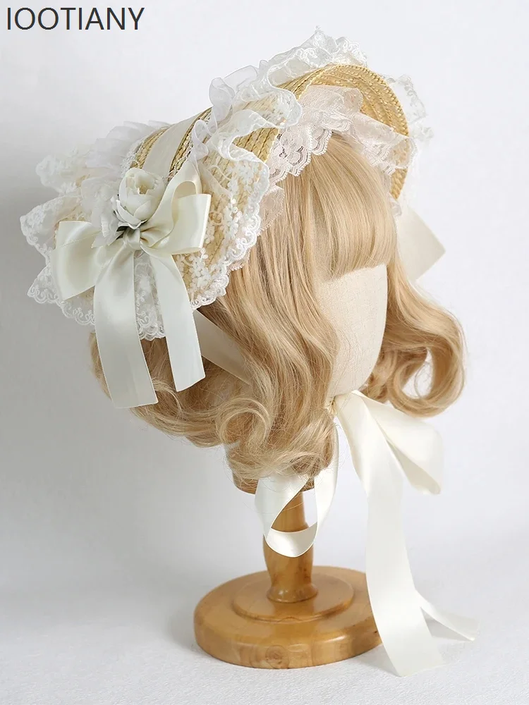 Women's Original Pastoral Style Multi-color Lolita Lace Small Fresh Straw Hat Halloween Anime Role-playing Flat French Hat 2025