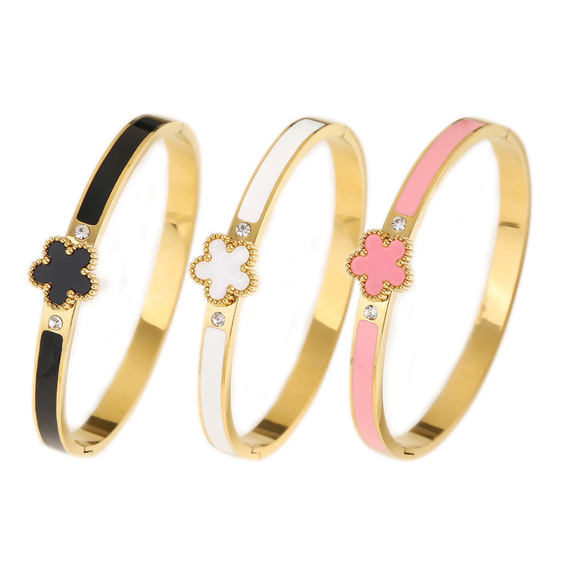 Light Luxury Gold Plated Stainless Steel Five Leaf Flower Open Bangle For Female Male Aesthetic Lucky Jewelry Accessories Clover