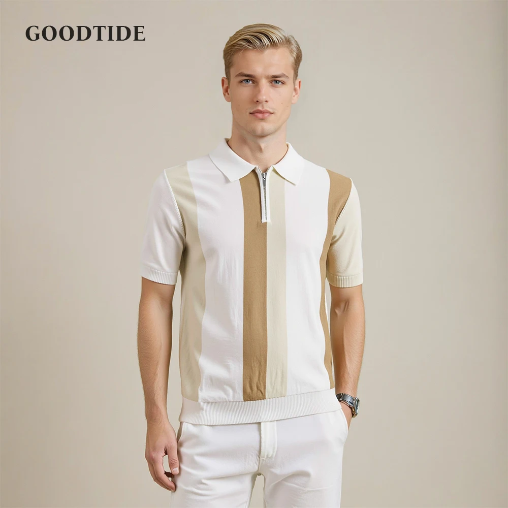 

Men's American Striped Half Zip Polo Shirt Summer Fashion Retro Lapel Business Office Casual Short Sleeve T-shirt Top Polo Shirt