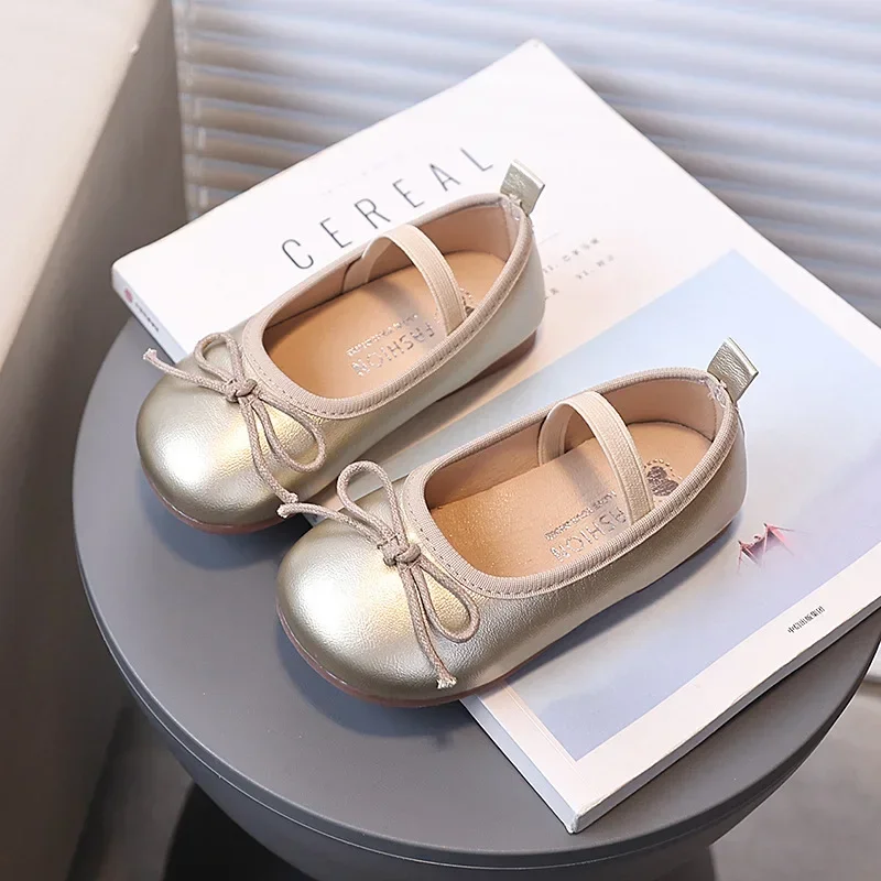 Girls MaryJanes Round Toes Simple Bow 2025 Brand New Kids Leather Shoes Slip-on Soild Color Versatile Children Flats Dance Shoes