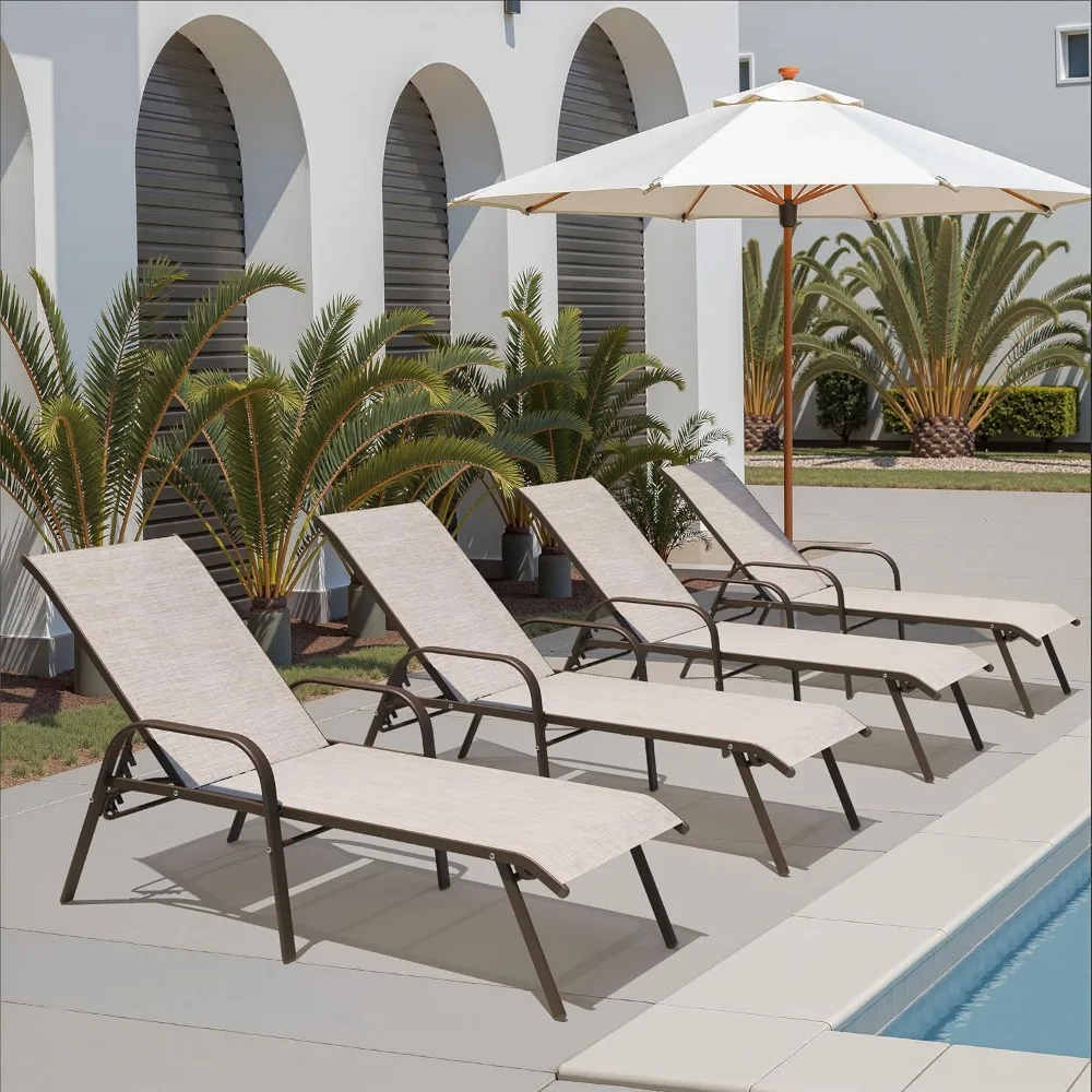 

Pool Lounge Chairs Set of 4 – Outdoor Chaise Lounge for Poolside with 5-Position Adjustable Backrest, Patio Lounger with Armres