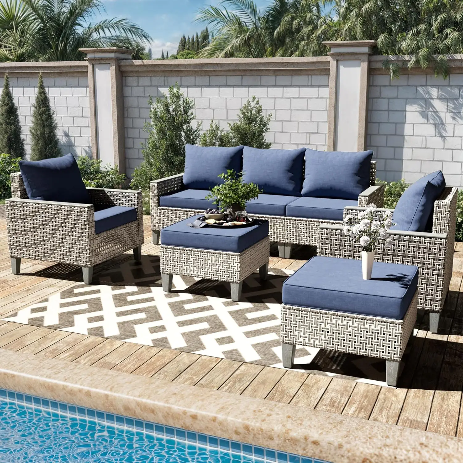 *u-7 Pieces Patio Furniture Set With Ottomans, Modern Outdoor Sectional Sofa With Comfy Cushions, Modular Wicker, Customized