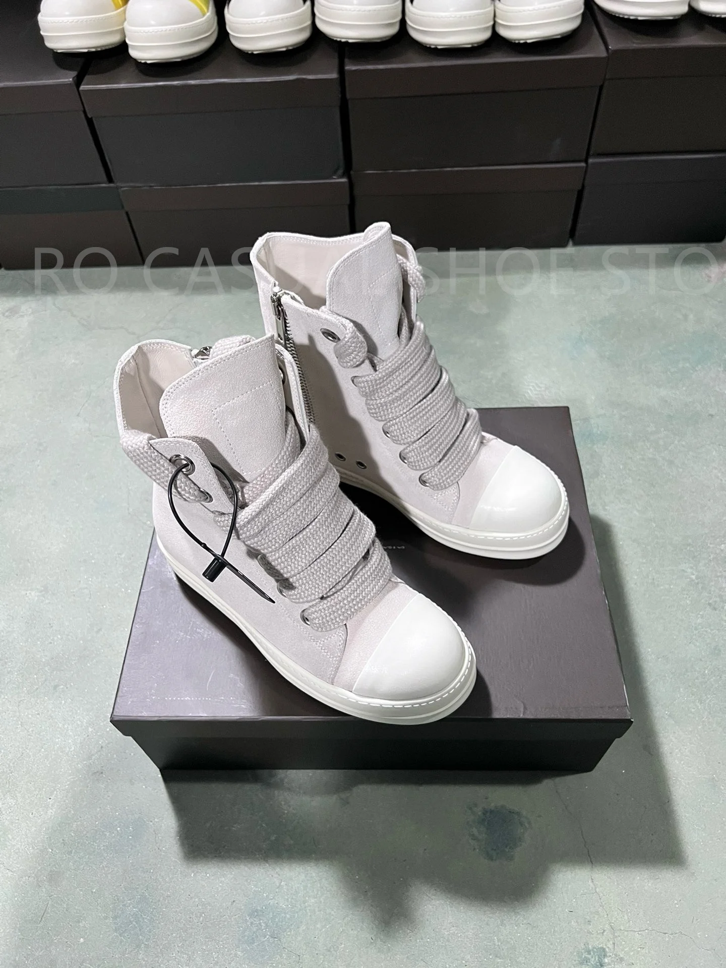 Ricks Genious Ligt Grey Suede Leather High Top Owens Quality Men Shoe Women Sneaker Casual Jumbo Lace Owens Design buty i buty