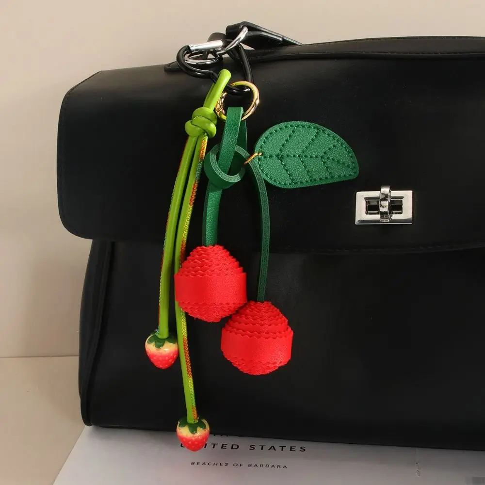 Woven Flower Strawberry Bag Pendant Braided Rope Backpack Accessories PU Leather Pendant Cherry Car Keyring Fruit Keychain Men