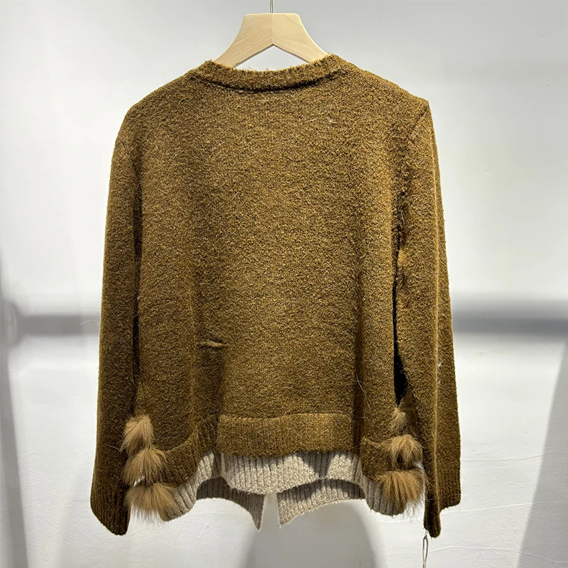 2025 여성 겨울 두꺼운 리얼 폭스 퍼 여성 패션 가을 스웨터 니트 싱글 브레스티드 코트