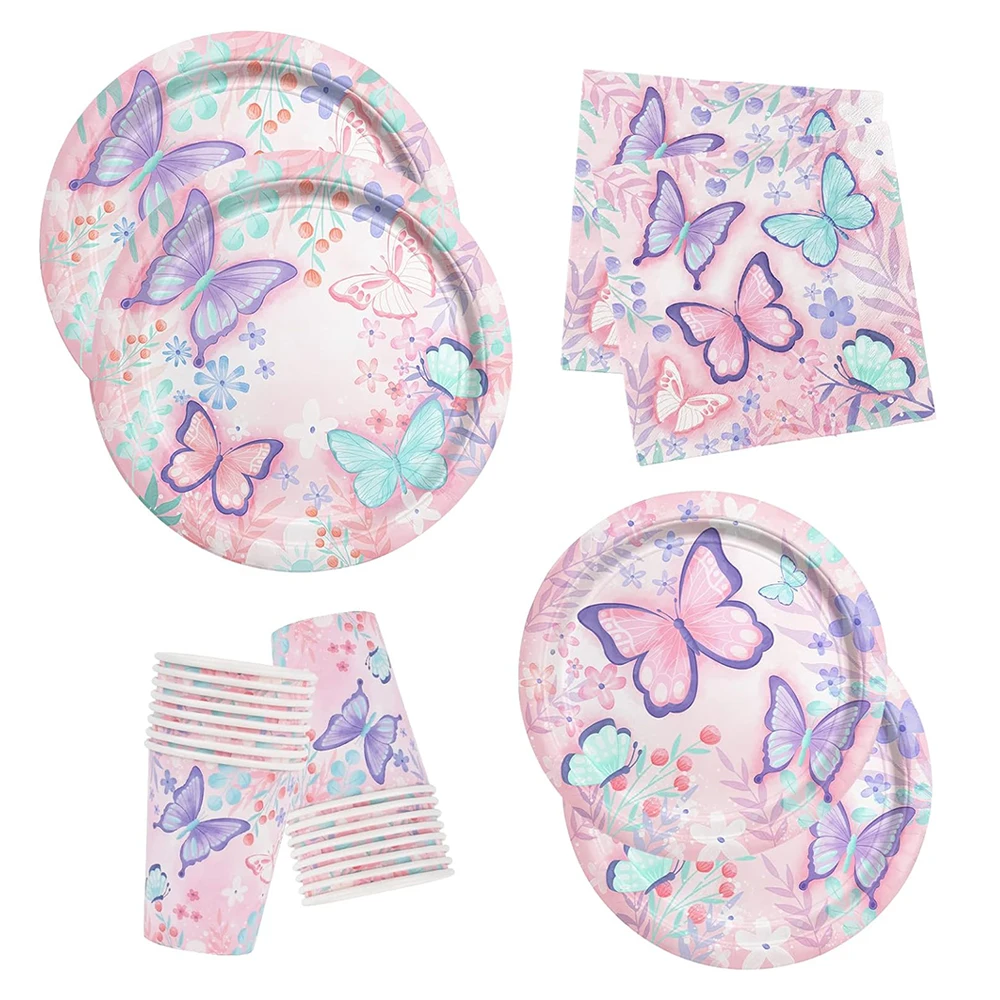 Rosa Schmetterling Themen-Party-Set Pappteller Becher Servietten Tischgeschirr-Set Babyparty-Geschenke Blumenmuster Fröhliche Geburtstagsdekoration – Detail 3