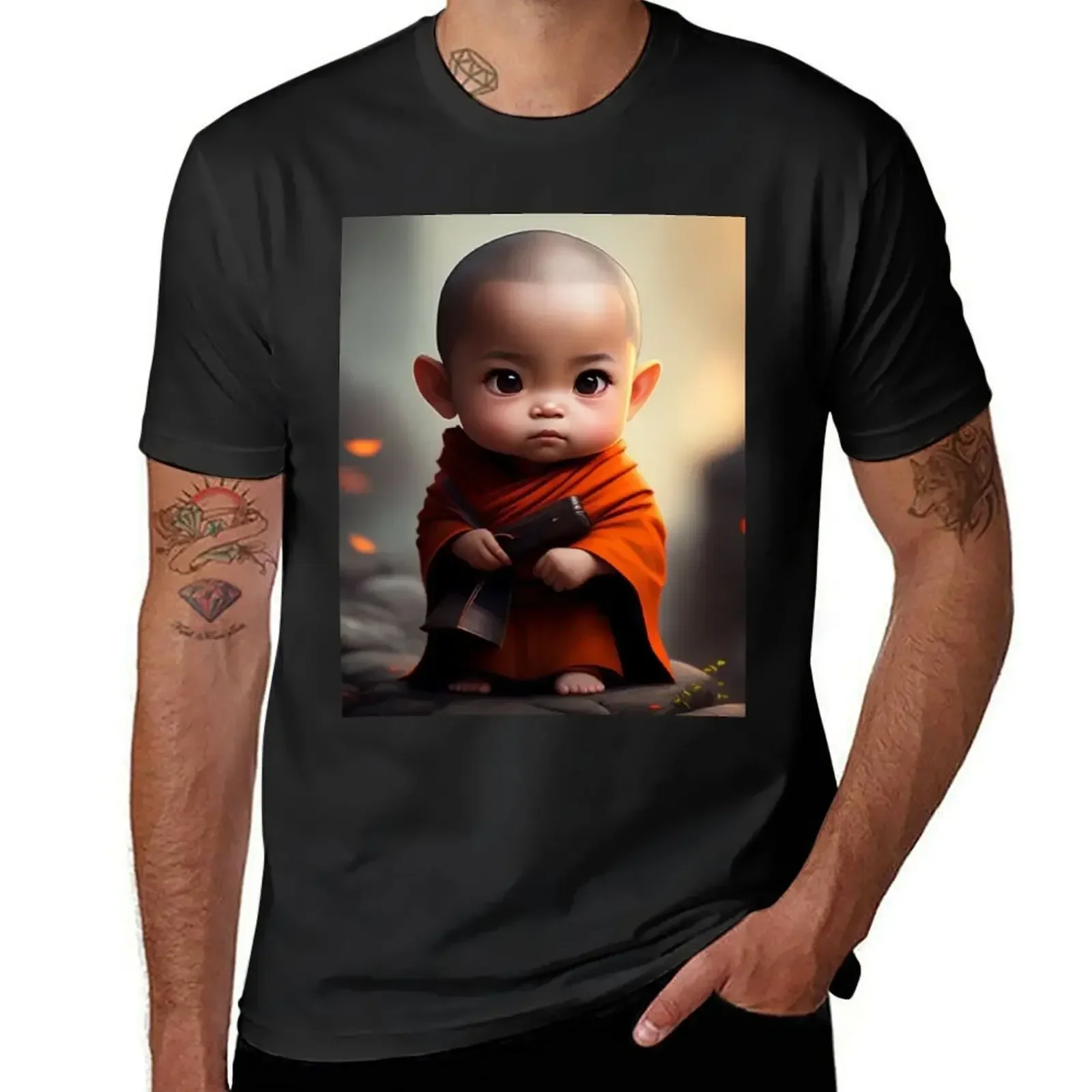 Baby Shaolin Monk Cute Baby Cotton Printed T-Shirt Cute Clothes Vintage Clothes Men's Summer T-shirt Outdoors Short-sleev