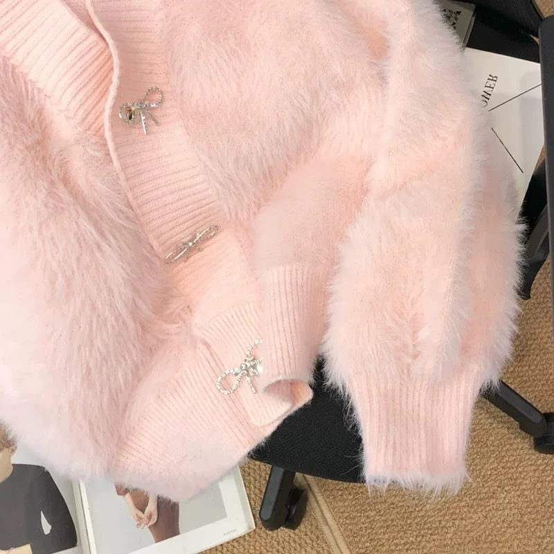 Elegant Women Sweaters Faux Mink Hair Knitted Cardigan Bow Button Long Sleeve Loose Spring Autumn Female Knitwear Coats