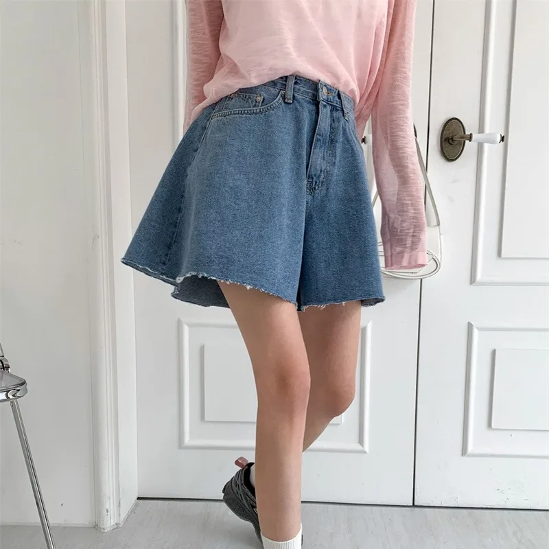 High Waist Wide Leg Denim Shorts Fashionable Casual Style Korean Chic Versatile Summer 2026 Ladies Jeans Cotton 100% Elastic ...