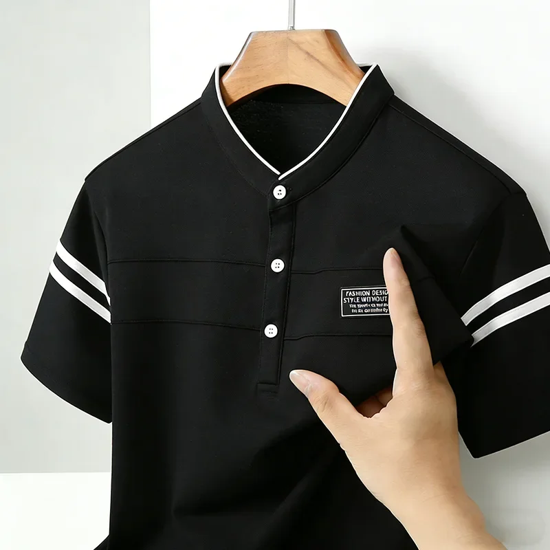 Men's Casual Mandarin Collar Polo Shirt Short Sleeve Contrast Stripes Slim Fit Breathable Top