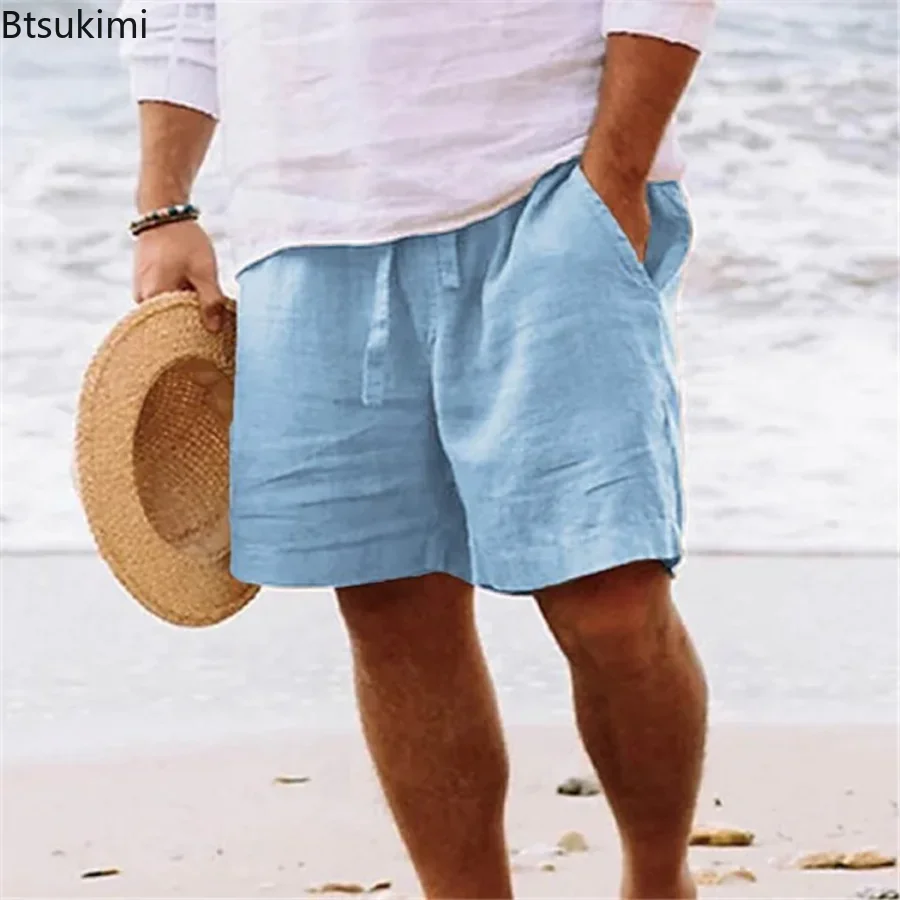 2024 Men\'s Summer Cotton Linen Shorts Drawstring Short Pants Male Breathable Solid Oversized Beach Shorts for Men Summer Pants