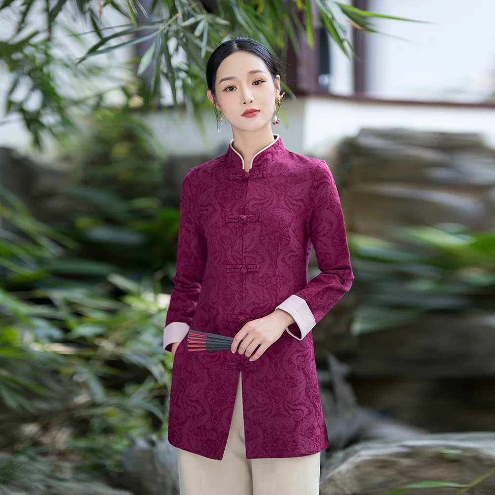 

Autumn Winter Retro Chinese Style Tea Clothes Women's Zen Clothes Jacquard Tops Traditional Chinese Clothes