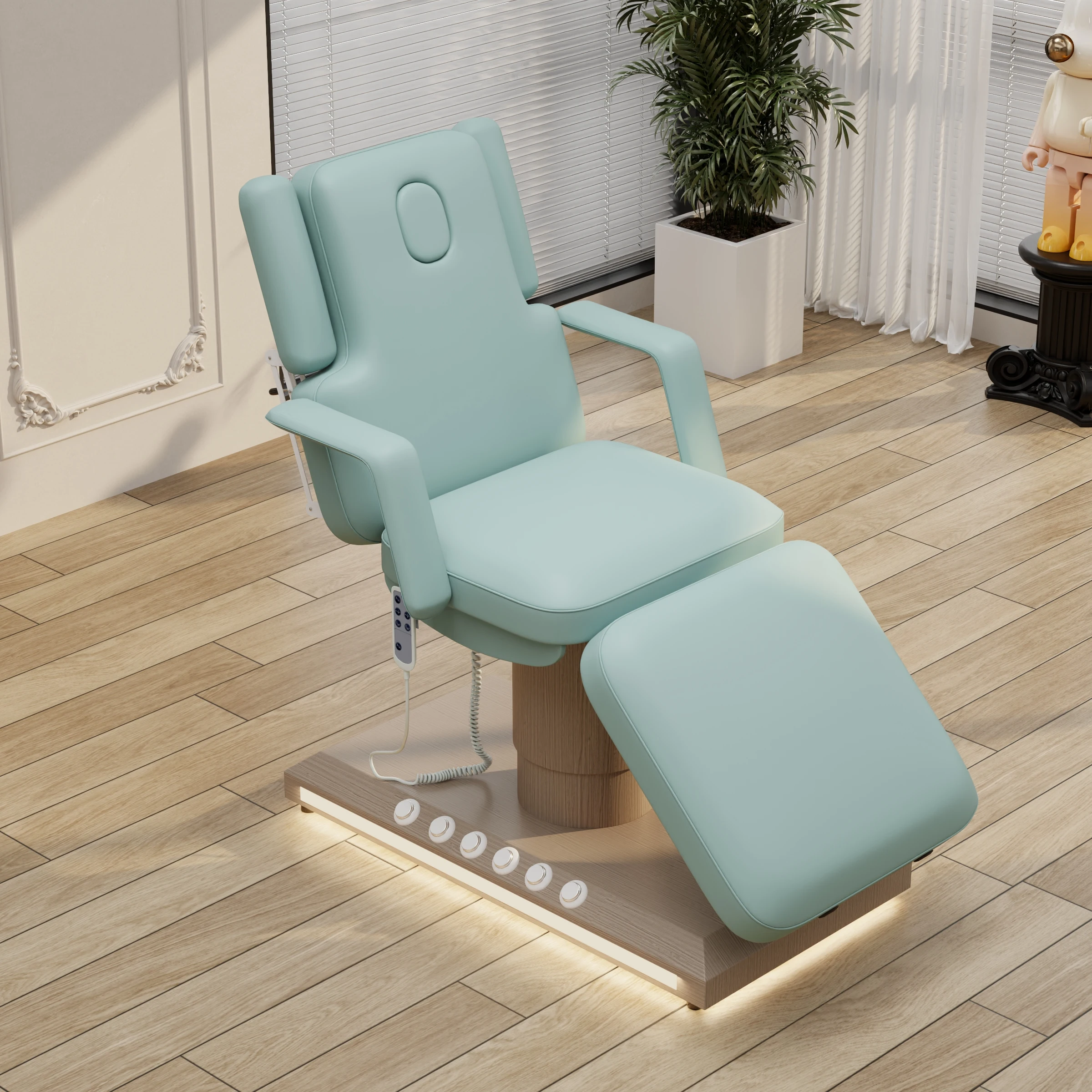 Cama de belleza eléctrica de 3 motores, color verde claro, acero inoxidable más nuevo con mesas y camas de masaje con Control de pies, belleza sa lon