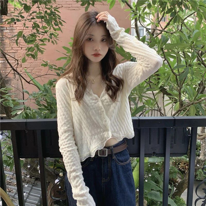 Sweet Shirts Women Sun Proof Lace Long Sleeve Slim Chic Blouses Korean Fashion V Neck Casual All Match Sunscreen Crop Tops New