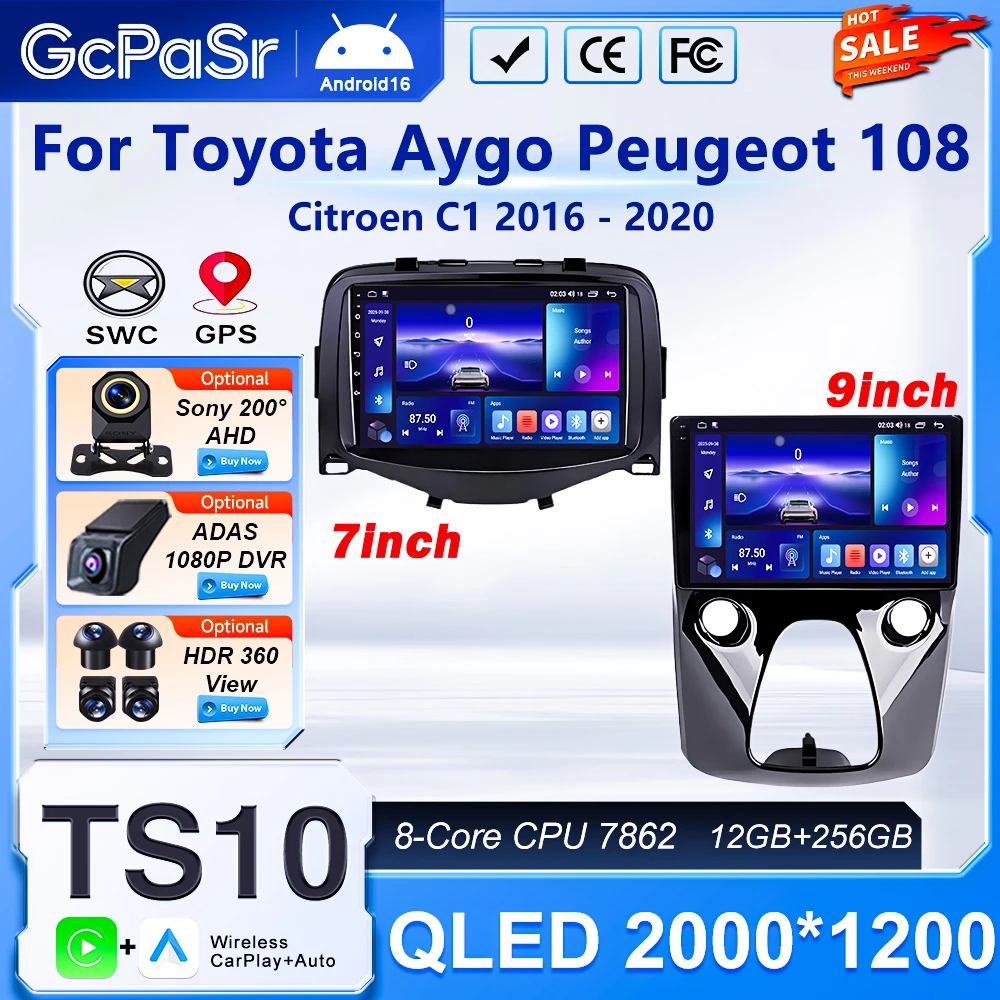 Autoradio Android 16 pour Toyota Aygo pour Peugeot 108 pour citroën C1 2016 - 2020 lecteur multimédia de voiture GPS Navigation écran DVD