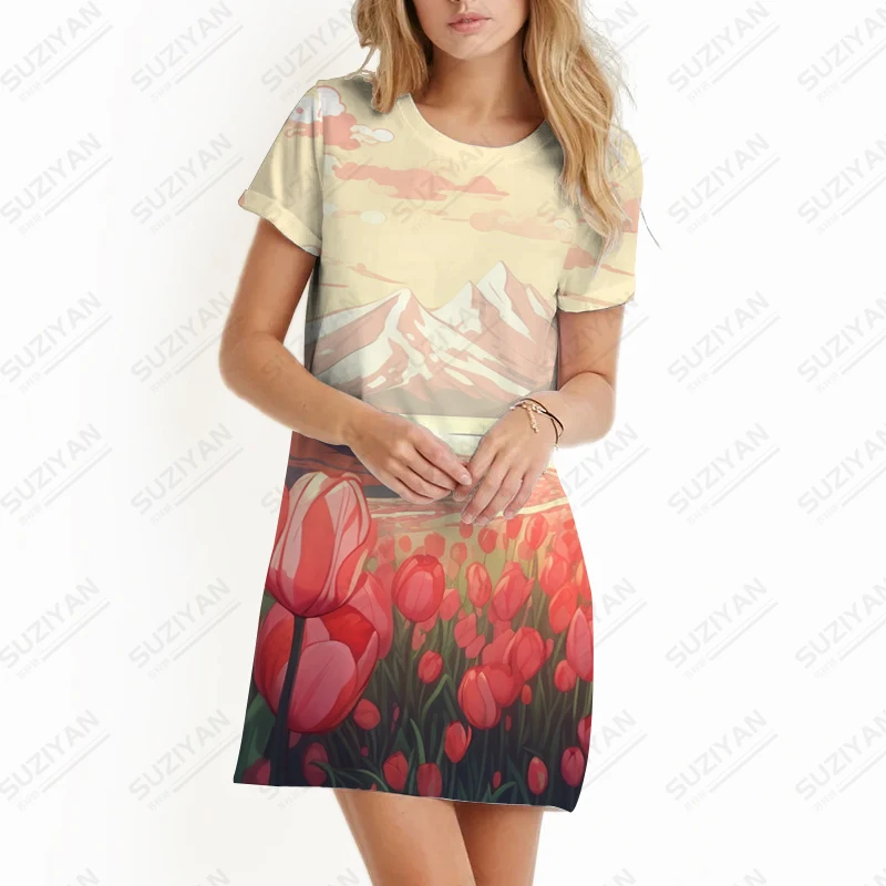 Summer new lady dress flower tulip 3D printed lady dress sweet style lady dress fashion trend casual lady dress