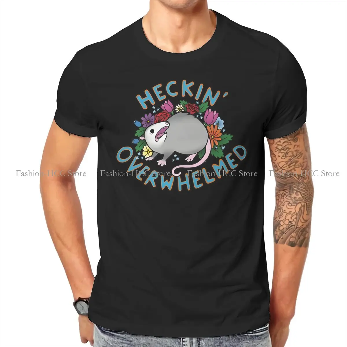 Heckin' Overwhelmed Graphic TShirt Cute Opossum Printing Tops Casual T Shirt Men Short Sleeve Unique Gift Idea