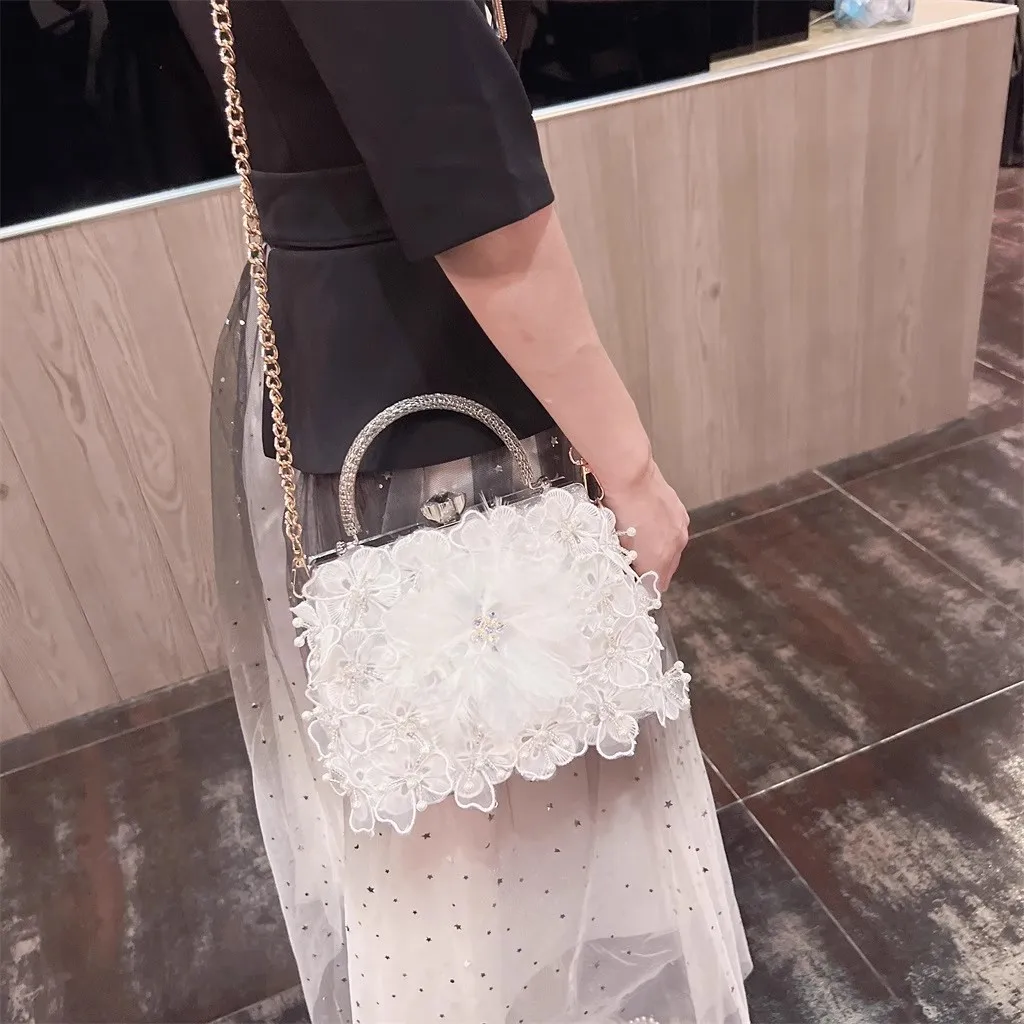 Fashion Appliques Floral Women's Handbag Beads Beaded Glitter Shiny Diamonds Evening Bag Wedding Party Clutch Purse Shoulder Bag