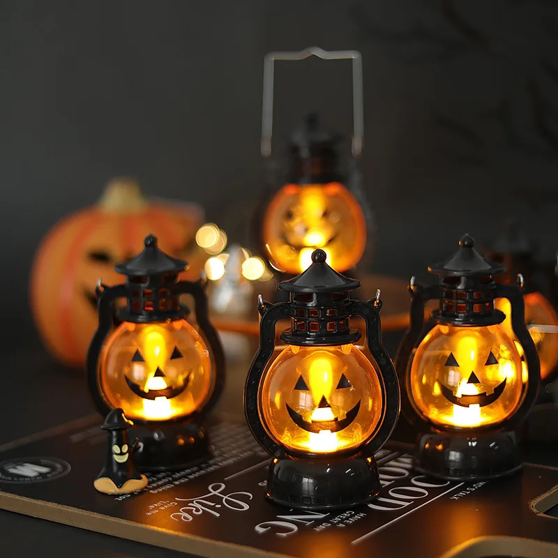 Halloween LED Hanging Pumpkin Lantern Light Ghost Lamp Candle Light Retro Small Oil Lamp Halloween Party Home Decor Horror Props