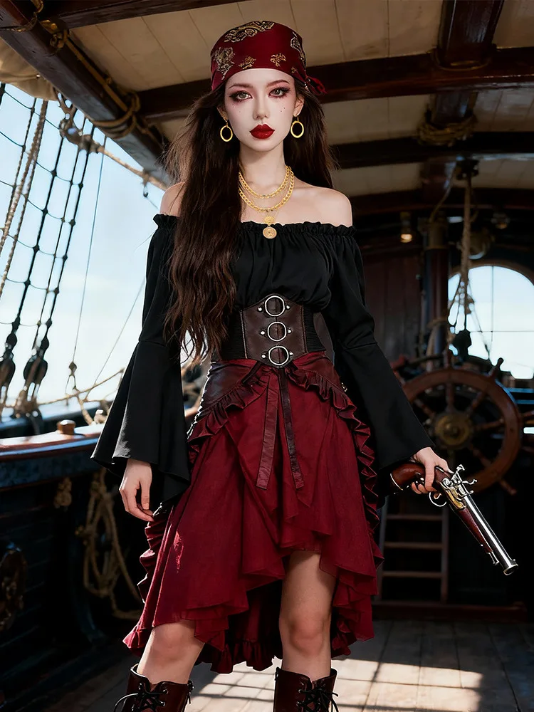 ชุดคอสเพลย์โจรสลัดยุคกลาง กระโปรงทรงบาน คาดเข็มขัดโลหะ แขนยาว สำหรับฮาโลวีน ชุดผู้หญิงสไตล์จีนดั้งเดิม...