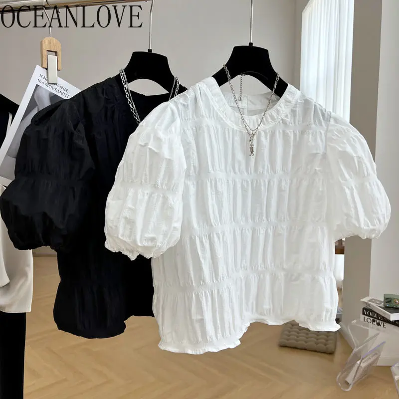 OCEANLOVE Blusas Feminina Solid  Puff Sleeve Pleated Short Sweet Women Blouses Vintage Korean Fashion Summer Shirts Elegant