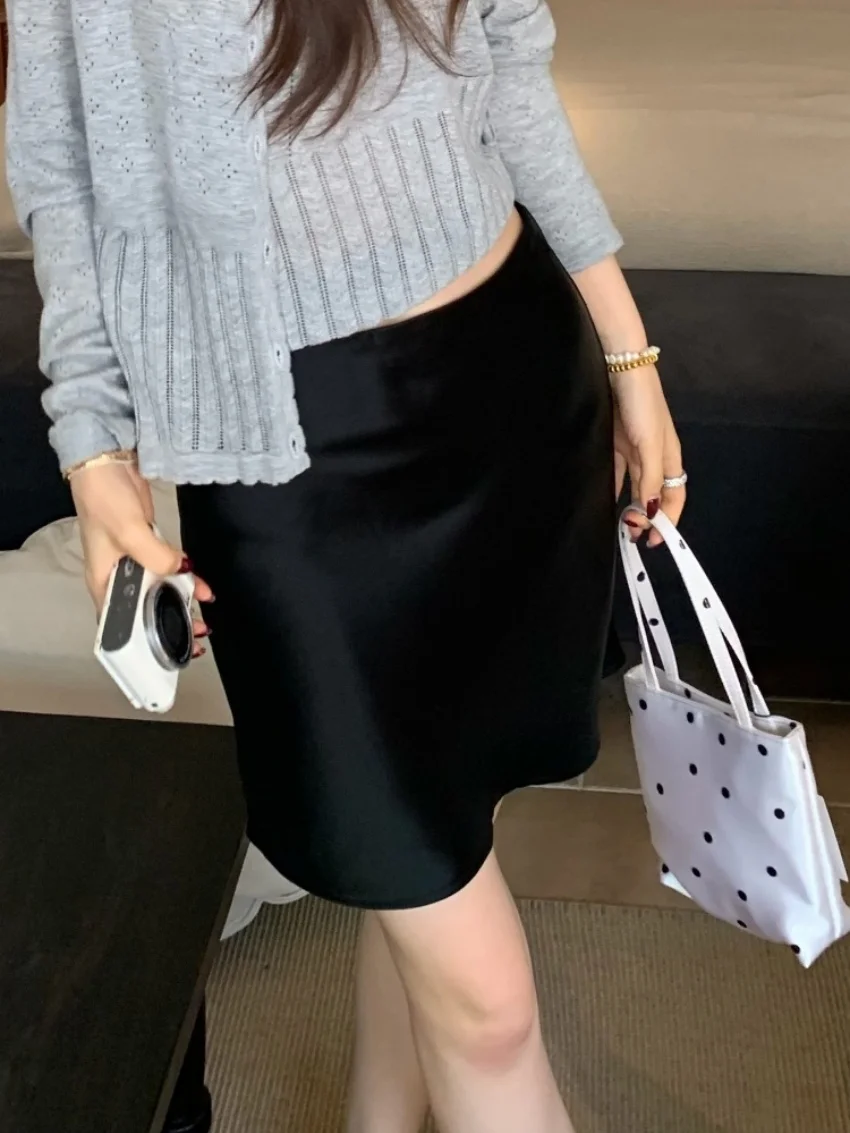 Alien Kitty Solid Elegant Satin Mini Skirts Women Chic Slim 2026 All Match Fashion Work Wear New Summer Office Lady Vintage