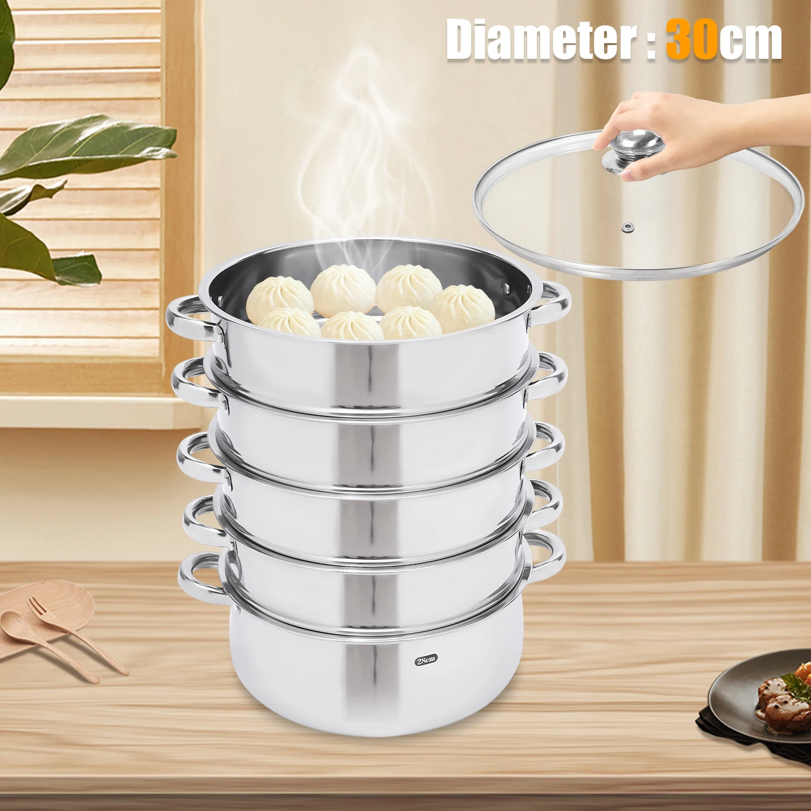 5Tier Steamer Pot with Glass Lid,Food Veg Cooker Pot Cooking Pan Steaming Pot Dim Sum Cookware Steamer for Kitcken Cooking Tool