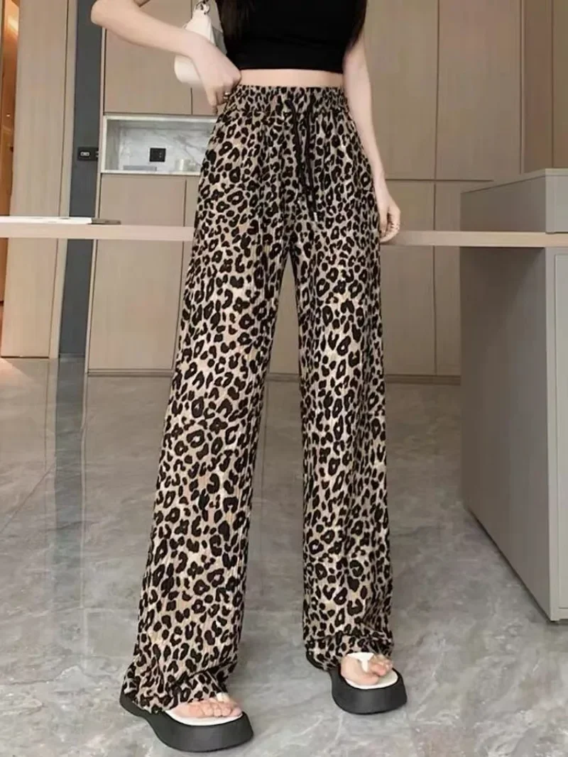 Mulheres casual leopardo impressão tornozelo comprimento calças 2023 cintura alta cordão calça solta jogger moda plus size senhoras calças pop