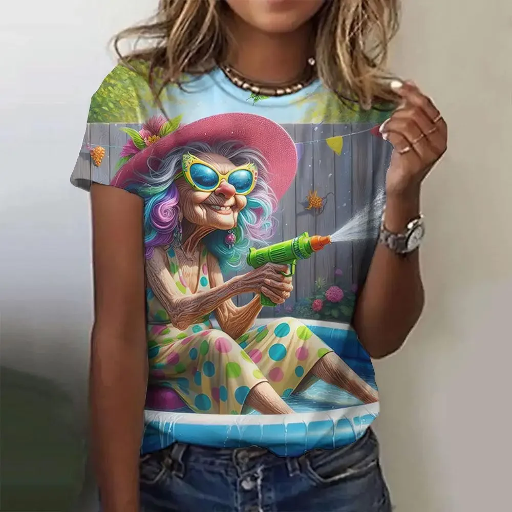 Camisetas con estampado 3D de abuela de dibujos animados divertidos de verano para mujer, ropa de calle a la moda Y2k, camiseta de manga corta, camisetas con cuello redondo, ropa