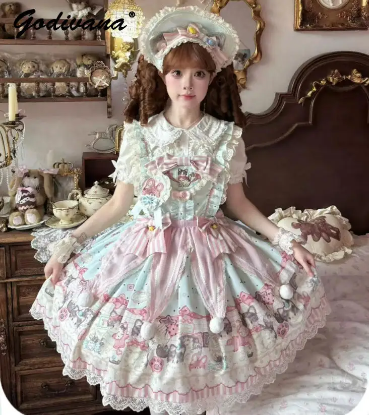 الأصلي الجديد الربيع والصيف لطيف القط الكرتون لوليتا فستان فتاة المرأة سليم Jsk وقصيرة الأكمام فساتين OP #4