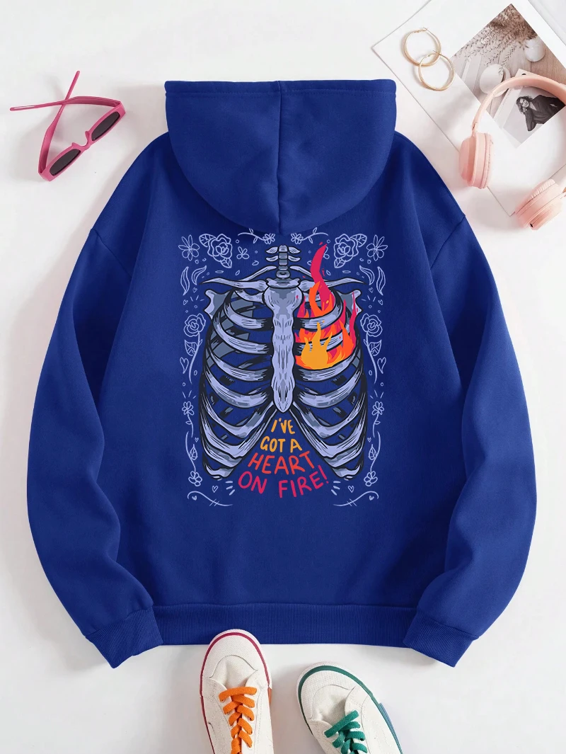 Got A Heart On Fire Hoodies Men Women Skeleton Printed Sweatshirts Pocket Soft Warm Breathable Pullovers Winter Casual Clothes