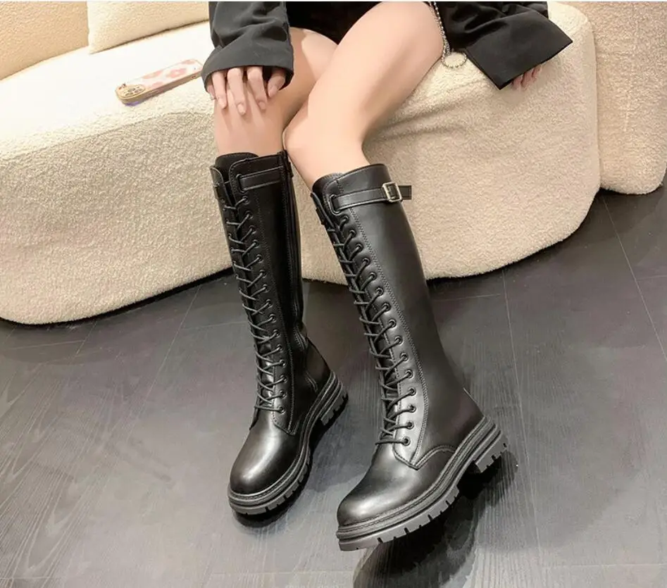 New Autumn Winter Knee High Boots Women Fashion Buckle High PU Leather Boots Woman Fashion Low Heels Long Boots Motorcycle boots