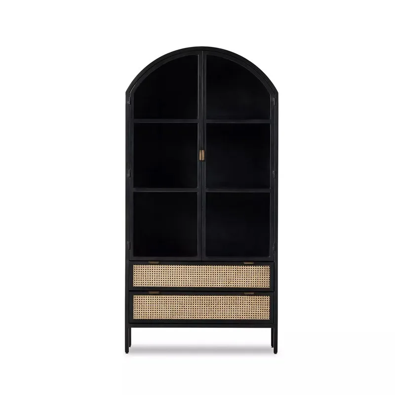 French medieval solid wood bookcase, light luxury black glass door display cabinet, American retro wine cabinet factory style