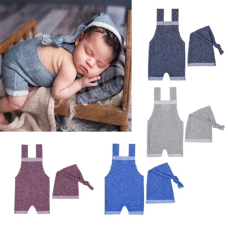 67JC Two Piece Set Strap Pants and Knotted Hat Newborn Baby Strapped Pants Solid Color Photography Outfits Props