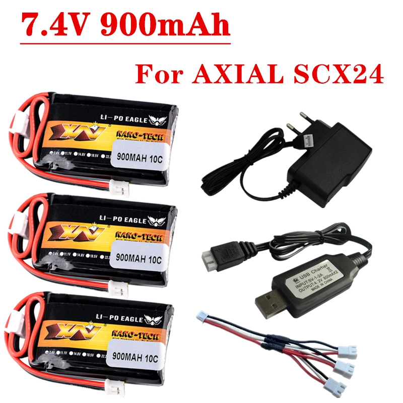 HJ 2S 7.4V 900mAh Lipo Battery Charger Set For AXIAL SCX24 SCX2 90081 C10 1/24 Remote Control Car Models 10C 7.4V Battery 